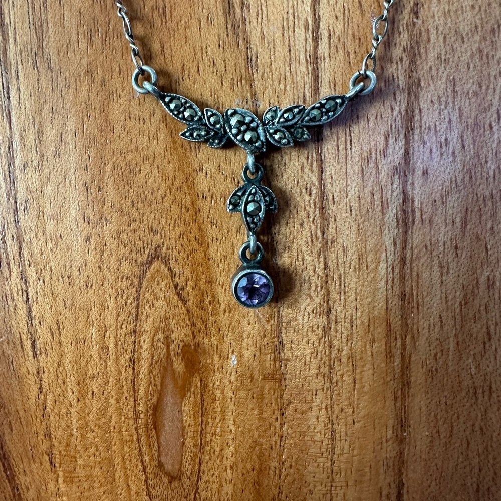 Marcasite amethyst and sterling 925 silver necklace 16” with 2” extender